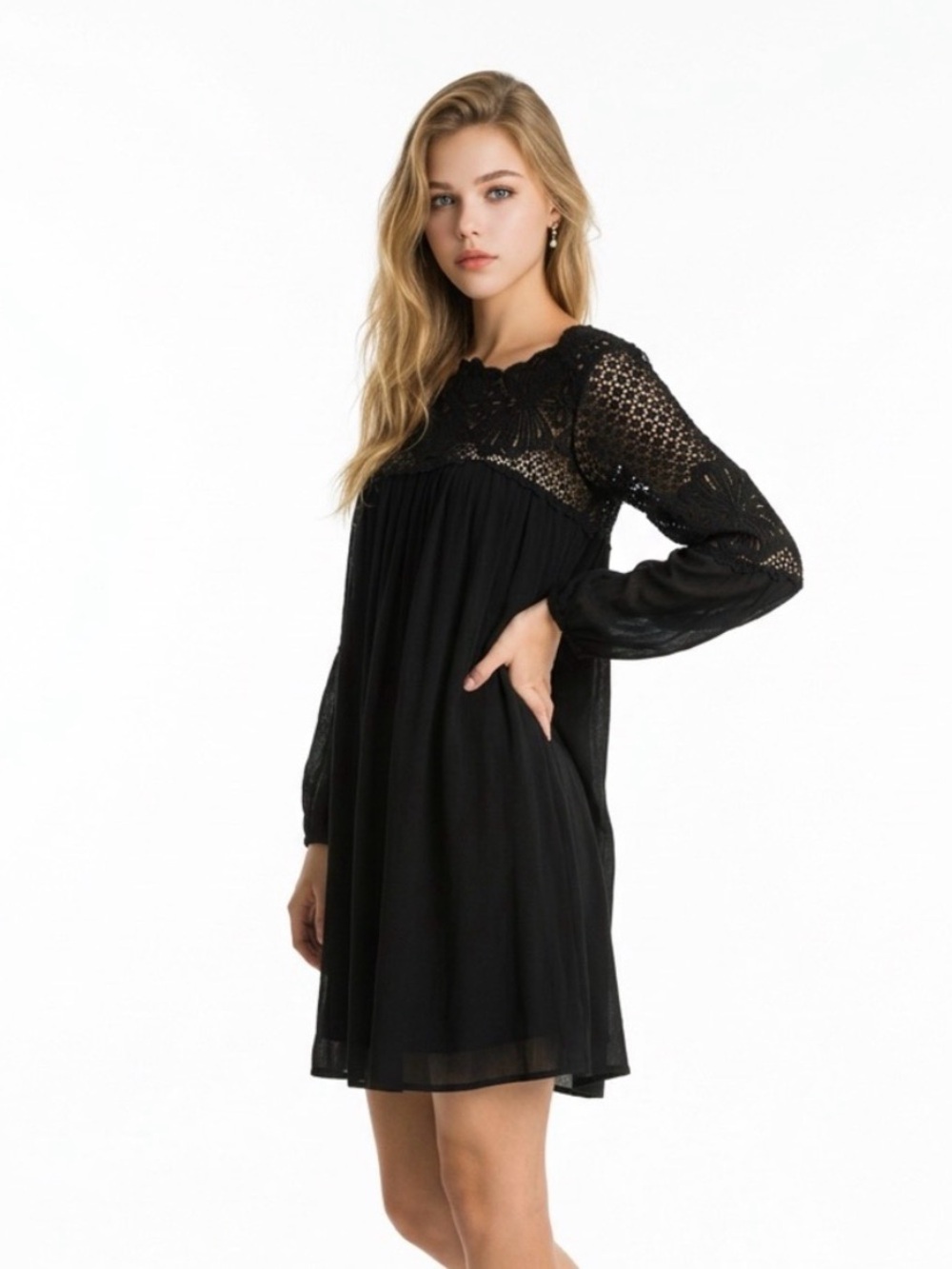 Black Crochet (lace) Gothic Dress, boho gauzy loose fit 3/4 sleeves